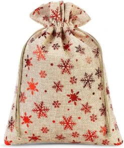Sacs De Noël Jute - 30 X 40 Cm - 1 Pièce - Flocons De Neige Rouges - 100% Naturel - Emballage De Noël Décoration De Décorations De Noël Décorations De Noël