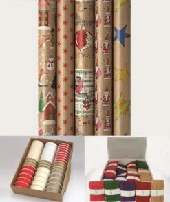 Emballage De Noël 12 Pièces Kraft De Noël - 5 Rouleaux 200 X 70 Cm - Papier Cadeau - 5 X Ruban Cadeau 2 X Ruban De Jute épais