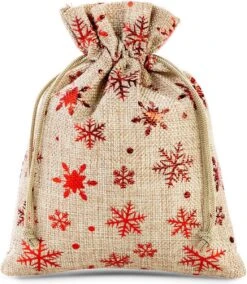 Sacs De Noël Jute - 15 X 20 Cm - 5 Pièces - Flocons De Neige Rouges - 100% Naturel - Emballage De Noël Décoration De Décorations De Noël Décorations De Noël