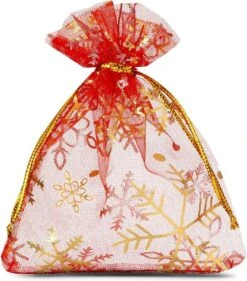 Sacs De Noël Organza - 8 X 10 Cm - 10 Pcs - Rouge Avec Des Flocons De Neige Dorés - Emballage De Noël Décoration De Noël Décorations De Noël De Noël