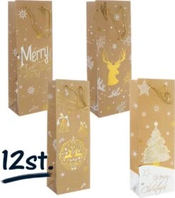 12 Pièces. Sacs De Transport Dorés Robustes Thème Noël Papier (24x18x88)cm | Sac | Sac Cadeau | Sac Cadeau | Emballage | Poignée En Cordon Torsadé