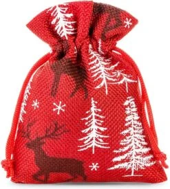 Sacs De Noël Jute - 10 X 13 Cm - 10 Pièces - Sapin De Noël Avec Renne - 100% Naturel - Emballage De Noël Décoration De Décorations De Noël Décorations De Noël