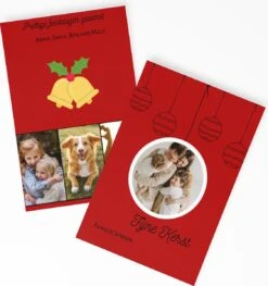 Cartes De Noël Personnalisées Avec Photos 10 Pcs - Enveloppes Incl - 11x15cm - Rouge Avec Boules De Noël Et Cloches - Imprimé 2 Côtés