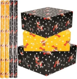 Set De 4 X Rouleaux De Papier Cadeau Noël /papier Cadeau Ocre Jaune/noir Renne 2,5 0 0,7 Mètres - Papier Noël/papier Cadeau