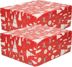2x Rouleaux De Papier Cadeau/papier Cadeau De Noël Rouge Avec Des Sapins De Noël 200 X 70 Cm - Rouleaux De Papier Cadeau De Noël