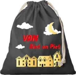 1x Sac Cadeau Sint And Piet Noir Avec Cordon De Serrage - Sac En Coton / Jute - Sinterklaas - Sac Cadeau Pour Petits Cadeaux / Réveillon De Noël