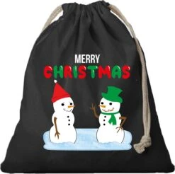 1x Sac Cadeau Bonhommes De Bonshommes De Neige De Noël Noir Avec Cordon De Serrage - Sac En Coton / Jute - Sacs D'emballage Cadeau De Noël