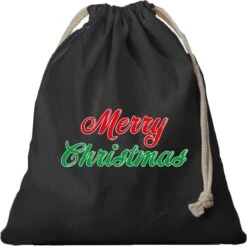 1x Sac Cadeau De Noël Joyeux Noël Noir Avec Cordon De Serrage - Sac En Coton / Jute - Sacs D'emballage Cadeau De Noël