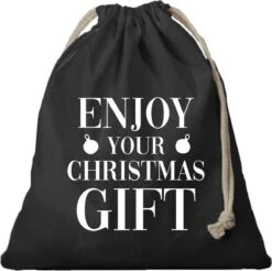 2x Noël Enjoy De Votre Sac Cadeau De Noël Noir Avec Cordon De Serrage - Sac En Coton / Jute - Sacs D'emballage Cadeau De Noël