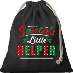 1x Sac Cadeau De Noël Père Noël Son Petit Assistant Noir Avec Cordon De Serrage - Sac En Coton / Jute - Sacs D'emballage Cadeau De Noël