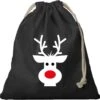 1x Sac Cadeau Renne De Noël Noir Avec Cordon De Serrage - Sac En Coton / Jute - Sacs D'emballage Cadeau De Noël