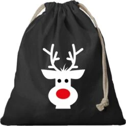 1x Sac Cadeau Renne De Noël Noir Avec Cordon De Serrage - Sac En Coton / Jute - Sacs D'emballage Cadeau De Noël