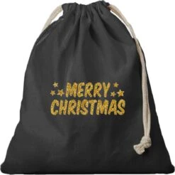 1x Sac Cadeau Noël Joyeux Noël Paillettes D'or Noir Avec Cordon De Serrage - Sac En Coton / Jute - Sacs D'emballage Cadeau De Noël