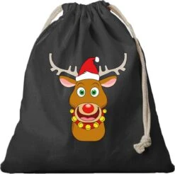 2x Renne De Noël Avec Sac Cadeau Chapeau De Père Noël Noir Avec Cordon De Serrage - Sac En Coton / Jute - Sacs D'emballage Cadeau De Noël