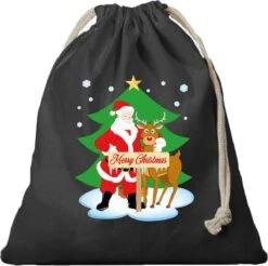 1x Sac Cadeau Noël Père Noël Et Rudolf Noir Avec Cordon De Serrage - Sac En Coton / Jute - Sacs D'emballage Cadeau De Noël