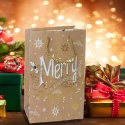 12 Pièces. Sacs De Transport Dorés Robustes Thème Noël Papier (24x18x88)cm | Sac | Sac Cadeau | Sac Cadeau | Emballage | Poignée En Cordon Torsadé -Decoris Boutique 1200x1200 291