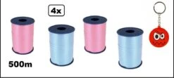 4x Ruban Curl Bleu Clair / Rose 5mmx500meter + Porte-clés Smiley| Marque Cotton Bleu |ruban De Curling | Ruban Curl Noël Thème Fête Décoration Cadeau Ruban Curl