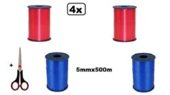 4x Ruban Curl Rouge Et Bleu 5mmx500m Avec Ciseaux| Marque Cotton Bleu |ciseaux à Ruban De Curling| Ruban Curl Noël Thème Fête Décoration Cadeau Ruban Curl
