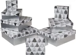 Rainbow 8 Pièces - Coffret Cadeau Blanc De Luxe Avec Sapins De Noël Argentés - Décor Sapin Argent - Boîtes De Rangement - Coffrets Cadeaux