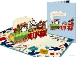 Popcards Popup Cards - Grande Carte De Joyeux Noël Avec Des Pingouins Dans Le Train De Noël Carte De Voeux Pop-up Carte 3d