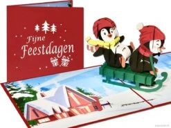 Cartes Pop-up Popcards - Carte De Noël Amusante Kinder Pingouins Souriants Sur Traîneau Sports D'hiver Fun Joyeux Noël Carte Pop-up Carte De Vœux 3D