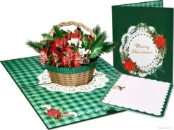 Cartes Pop-up Popcards - Carte De Noël Avec Arrangement De Noël Joliment Décoré - Panier Du Père Noël Rose De Noël Pommes De Pin Branches De Pin Carte Pop-up Carte De Vœux 3D