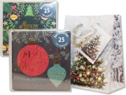 50 Cartes De Noël Doubles De Luxe & 2 Sachets Cadeaux De Noël Gratuits - 2 X 25 Pcs - Feuille - 4 Motifs - Enveloppe Witte - 10 X 10 Cm