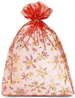 Sacs De Noël Organza - 15 X 20 Cm - 10 Pcs - Rouge Avec Des Flocons De Neige Dorés - Emballage De Noël Décoration De Noël Décorations De Noël De Noël
