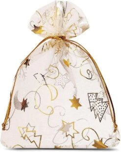 Sacs De Noël Organza | 9 X 12 Cm | 10 Pièces | Ecru Or Argent | Emballage De Noël Décoration De Décorations De Noël Décorations De Noël